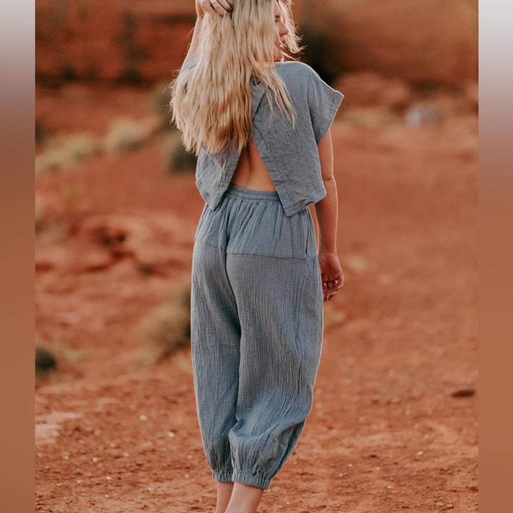 NWT Blue Cotton Gauze Open Back Jumpsuit